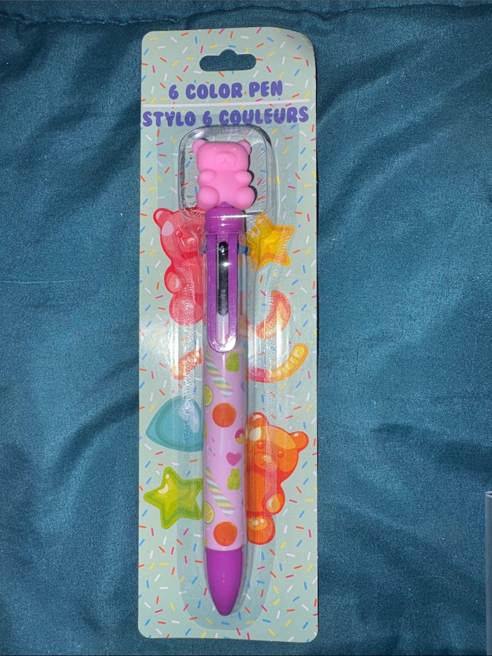 Purple Multi-Color 6-Color Bear Top Pen - Cute Kids Writing Pen